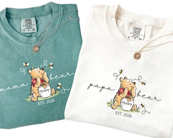 Comfort Colors® Custom Winnie the Pooh Mama Bear EST 2026 Shirt, New Mom Gift,Pregnancy Reveal Outfit, Holiday & Halloween Family Shirt