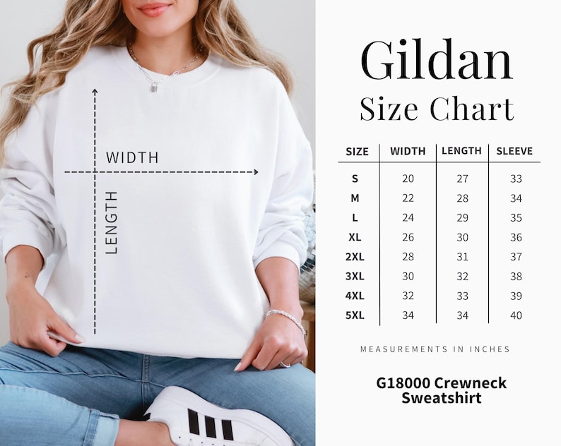 The image is a size chart for a crew neck sweatshirt, showing measurements in inches for different sizes.