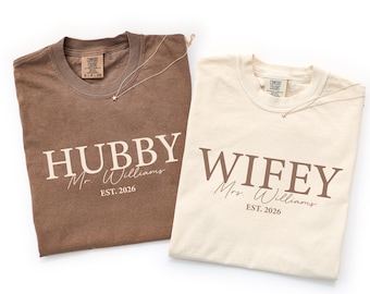 Comfort Colors® Personalized Wifey and Hubby Shirt, Matching Couple Shirts, Mr and Mrs Gift, Wedding Shirt, Honeymoon Outfit, Couple Tee,