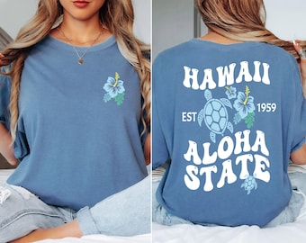 Comfort Colors® Hawaii Aloha State T-Shirt, Retro Hibiscus Flower Sea Turtle Tee, Vintage Beach Vacation Shirt, Island Travel Souvenir Top,