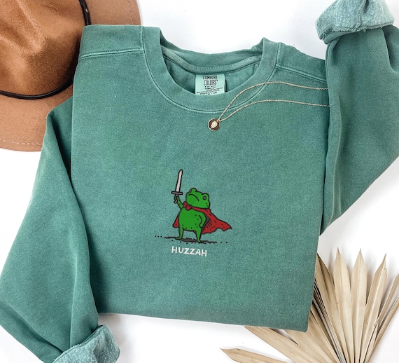 Comfort Colors® Funny Huzzah Frog Embroidery Shirt,Embroidered Medieval Frog Shirt, DnD Renaissance Faire Gift, Huzzah Frog with Sword Tee