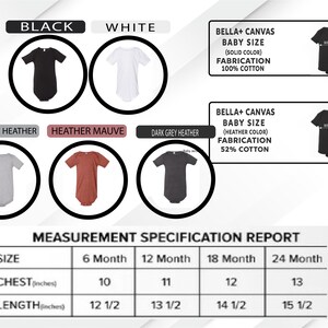 The image is a Measurement Specification Report that provides size information for various baby sizes, including black, white, and grey colors, as well as the corresponding fabric and cotton content.