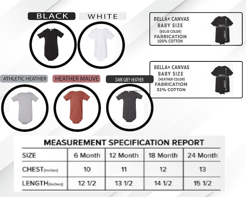 The image is a Measurement Specification Report that provides size information for various baby sizes, including black, white, and grey colors, as well as the corresponding fabric and cotton content.