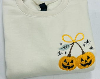 Comfort Colors® Pumpkin Cherry Coquette Embroidery Sweatshirt,Autumn Girly Embroidery Shirt, Fall Halloween Embroidered Top, Cute Fall Shirt