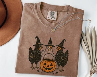 Comfort Colors® Funny Halloween Chicken Shirt, Witchy Chickens Tee, Pumpkin Fall Shirt, Farmcore Spooky T-Shirt, Cute Rustic Halloween Shirt