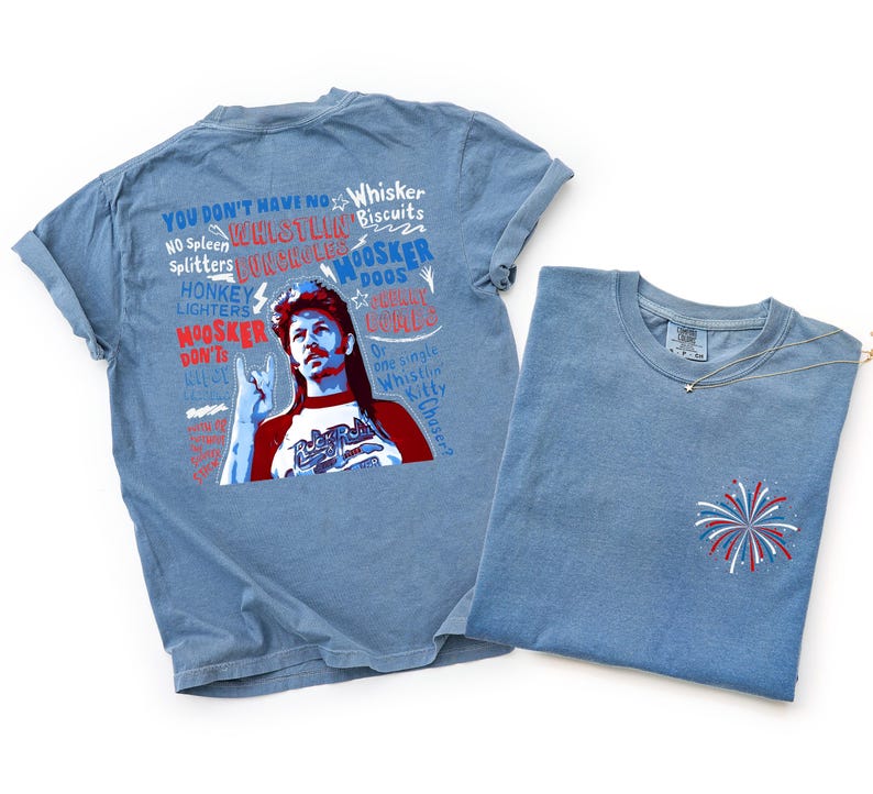 May include: Two light blue t-shirts. One features a graphic of a man with text that reads "YOU DON'T HAVE NO...WHISTLER...MOOSKER..." The other shirt has a small embroidered firework design. A delicate necklace is draped on the second shirt.