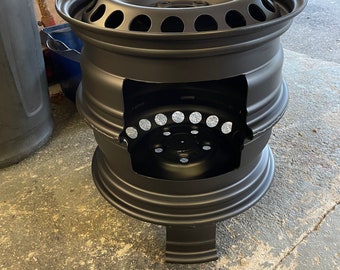 Log burner, fire pit, wood burner, made from recycled car wheels