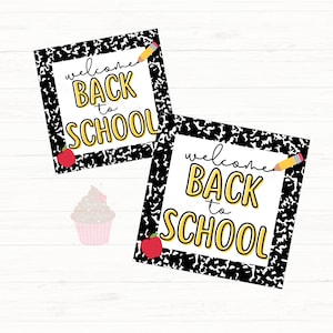 Printable 2&quot; Square Cookie Tag Welcome to School Back- Back to School Composition Notebook - Tags Back to school cookies
