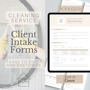 May include: A digital tablet displaying a printable client intake form for residential cleaning services. The form includes sections for client information, cleaning details, and additional questions. The text on the tablet reads "Client Intake Form" and "Edit in Canva".