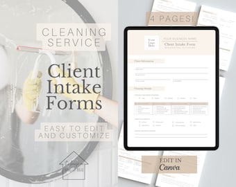 May include: A digital tablet displaying a printable client intake form for residential cleaning services. The form includes sections for client information, cleaning details, and additional questions. The text on the tablet reads "Client Intake Form" and "Edit in Canva".