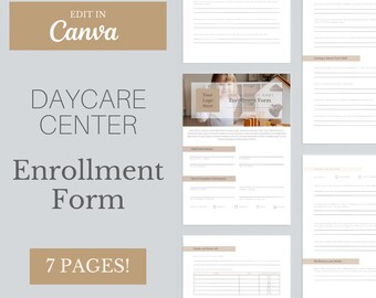 Op de afbeelding: Een sjabloon voor een inschrijfformulier voor een kinderdagverblijf met een neutraal kleurenschema. Het ontwerp bevat de tekst "Daycare Center Enrollment Form" en "7 PAGES!". De sjabloon is ontworpen om te worden bewerkt in Canva.