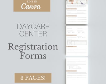 Op de afbeelding: Inschrijfformulieren voor een kinderdagverblijf, een driedelig, printbaar document met een bruin rechthoekje met de tekst "Bewerken in Canva" en een bruin rechthoekje met de tekst "3 pagina's!"