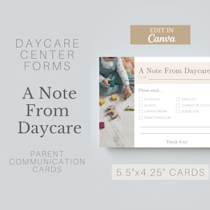 Puede incluir: Una tarjeta blanca con fondo beige y el texto "A Note From Daycare" en negro. La tarjeta tiene una lista de verificación con elementos como "Pañales", "Toallitas", "Snacks" y "Cambio de ropa". La tarjeta mide 14 cm por 10,8 cm.