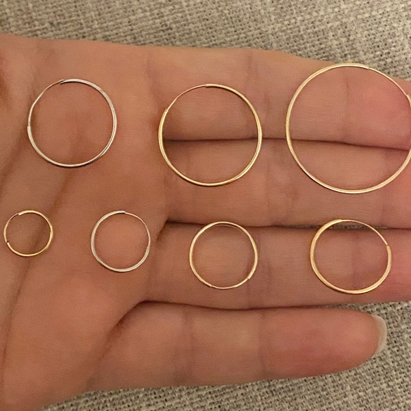 Pendientes de aro fino de oro macizo de 14K, pendientes de aro de alambre, oro blanco y amarillo