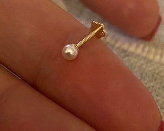 14K Solid Yellow Gold Pearl Gemstone Piercing, Screw Back Star, Tiny 16g  Snow Flake Piercing, Threaded Post, Hand Crafted Jewelry