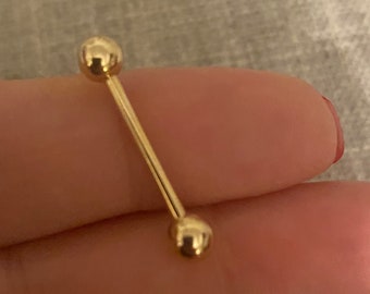 14K Solid Gold Straight Barbell, 16g, Tongue Ring,Nipple Ring,Eyebrow Barbell, Cartilage Barbell
