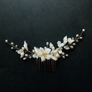 wedding hair accessory, rose gold bridal hair vine, flower hair comb for bride, silver pearl hair vine, ivory clay flower hairpiece