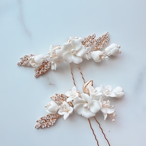Bridal Side Hairpiece in Gold Bridal Hair Pins Floral Hairpiece Floral Hair Pins with Crystal Leaves for Wedding Ivory Flower Hairpiece