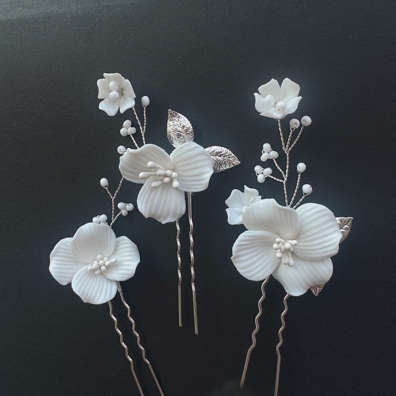 Floral Wedding Hairpiece for Bride Hair Pin Set, Boho Hairpiece for Wedding, Ivory Flower Hair Pins Set bridesmaid, Silver Flower Hair Pins