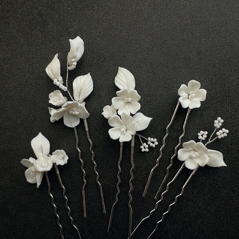 White Ceramic Floral Hair Pins Set, Clay Floret Hair Pins - Silver Bridal Hair Pins, Silver Hair Pins, Hairpins for Bridesmaid