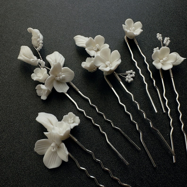 White Ceramic Floral Hair Pins Set, Clay Floret Hair Pins - Silver Bridal Hair Pins, Silver Hair Pins, Hairpins for Bridesmaid