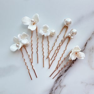 Pearl Hair Pins for bride hairpiece, bridesmaid hairpins, wedding hair pins pearls and clay flowers, silver pearl hair pins for wedding
