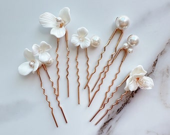 Pearl Hair Pins for bride hairpiece, bridesmaid hairpins, wedding hair pins pearls and clay flowers, silver pearl hair pins for wedding