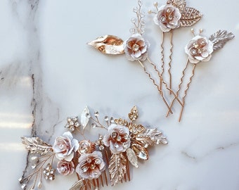 Rose Bridal Hair Comb for Wedding Flower Hairpins for Bride Hair Comb in Champagne Hair Pin Set for Bridesmaid Hairpiece in Gold Hairpiece