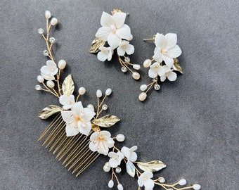 Gold Wedding Hair Accessory With Pearls,  Bridal Accessory Set,  Flower Hair Comb  and Earrings for Bride, Ivory Clay Flower Hairpiece