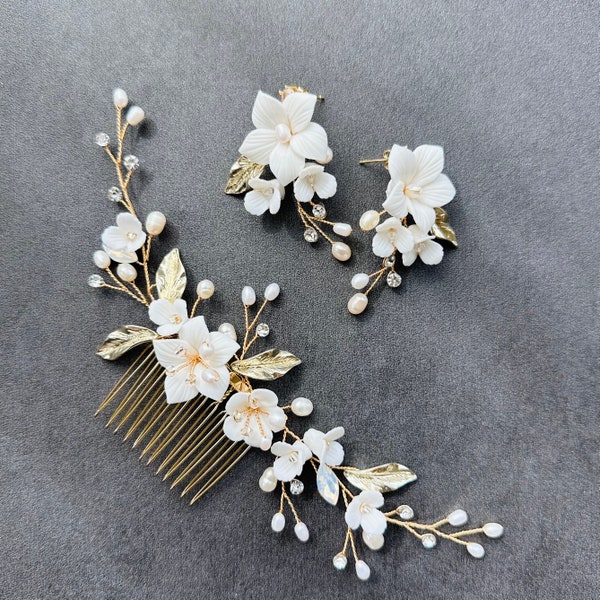 Gold Wedding Hair Accessory With Pearls,  Bridal Accessory Set,  Flower Hair Comb  and Earrings for Bride, Ivory Clay Flower Hairpiece