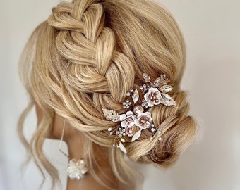 Postiche de mariée avec épingles à cheveux fleurs roses pour peigne de mariage en champagne Ensemble d'épingles à cheveux pour postiche de demoiselle d'honneur en postiche or