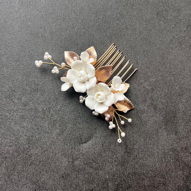 rose gold tone bridal hair comb,  ivory white clay flowers hair comb for wedding, champagne bridal hair accessory