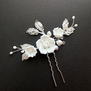 Silver Rose Hair Pin for Wedding Floral Hairpiece with Roses Bridal Hairpiece, Silver Rose Hair Pins, Silver Floral Hair Comb