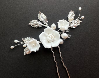 Silver Rose Hair Pin for Wedding Floral Hairpiece with Roses Bridal Hairpiece, Silver Rose Hair Pins, Silver Floral Hair Comb