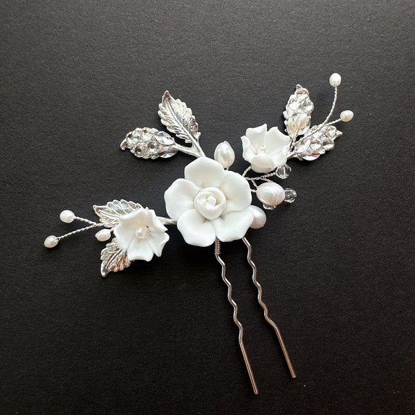 Silver Rose Hair Pin for Wedding Floral Hairpiece with Roses Bridal Hairpiece, Silver Rose Hair Pins, Silver Floral Hair Comb