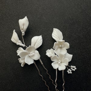 White Ceramic Floral Hair Pins Set, Silver Clay Floret Hair Pins - Silver Bridal Hair Pins, Silver Hair Pins, Hairpins for Bridesmaid