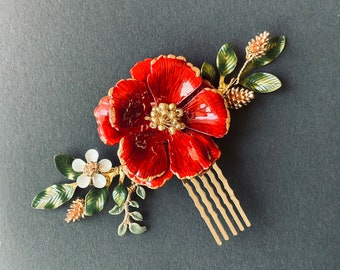 Red Large Flower Hair Comb for Wedding Hairpiece in Red Flamenco Hair Comb for Bride. Perfect Hairpiece for Garden Wedding.