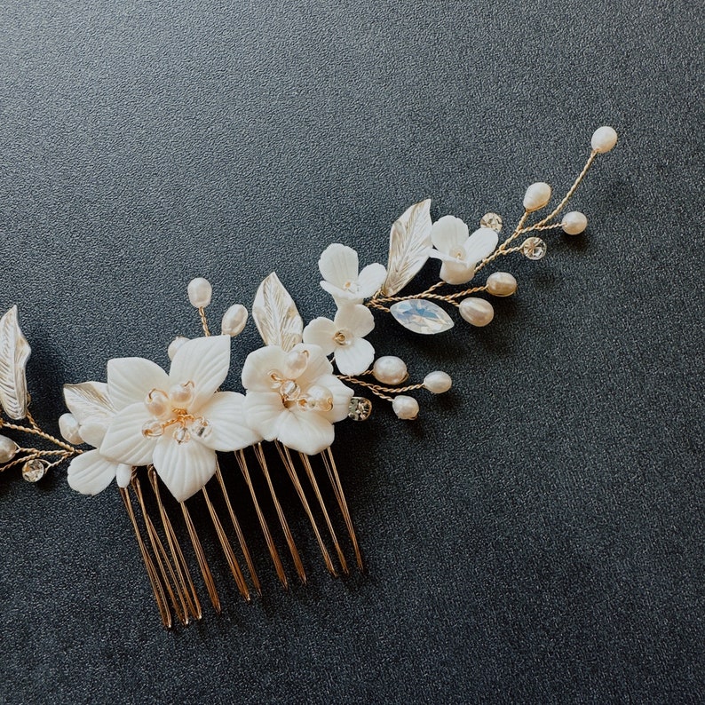 wedding hair accessory, rose gold bridal hair vine, flower hair comb for bride, silver pearl hair vine, ivory clay flower hairpiece