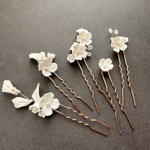 White Ceramic Floral Hair Pins Set, gold Clay Floret Hair Pins - gold Bridal Hair Pins, gold Hair Pins, Hairpins for Bridesmaid