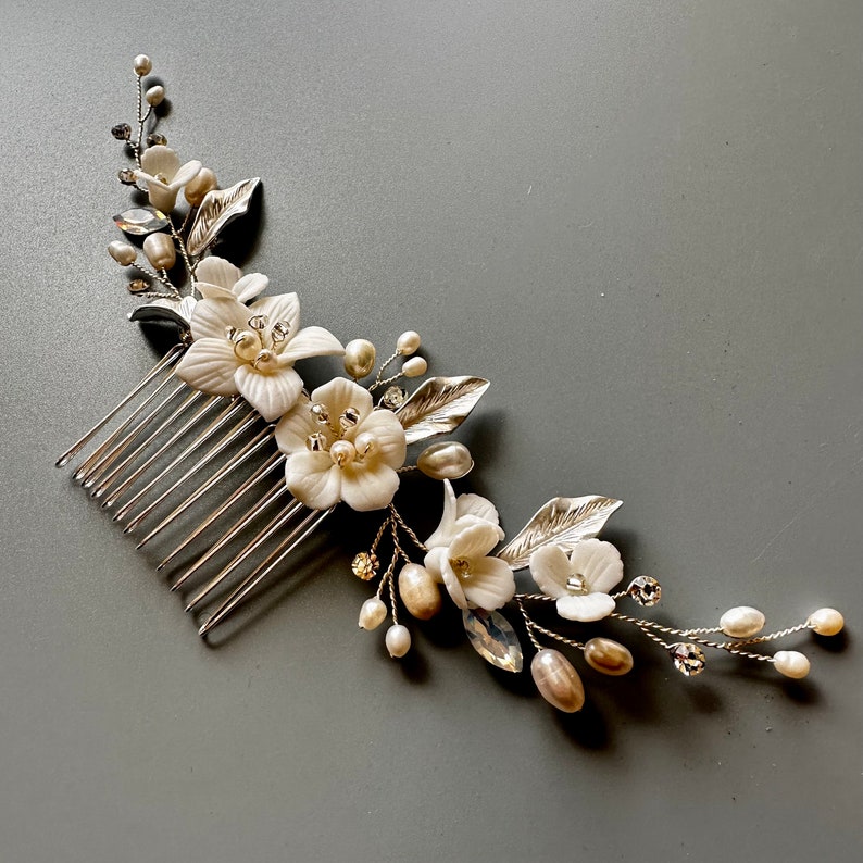 wedding hair accessory, rose gold bridal hair vine, flower hair comb for bride, silver pearl hair vine, ivory clay flower hairpiece