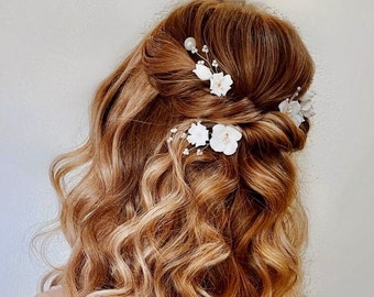 Blumen Hochzeit Haarteil für die Braut Haarnadel Set, Boho Haarteil für Hochzeit, Ivory Blumen Haarnadeln Set Brautjungfer, Silber Blumen Haarnadeln