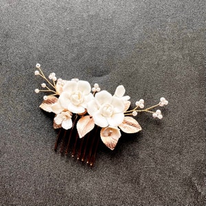 rose gold tone bridal hair comb,  ivory white clay flowers hair comb for wedding, champagne bridal hair accessory
