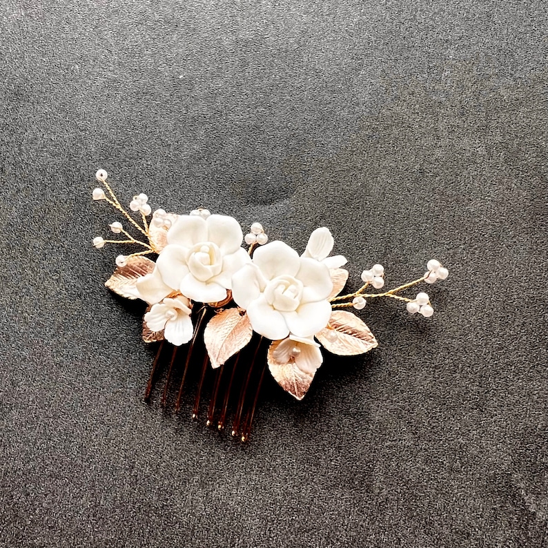 rose gold tone bridal hair comb,  ivory white clay flowers hair comb for wedding, champagne bridal hair accessory