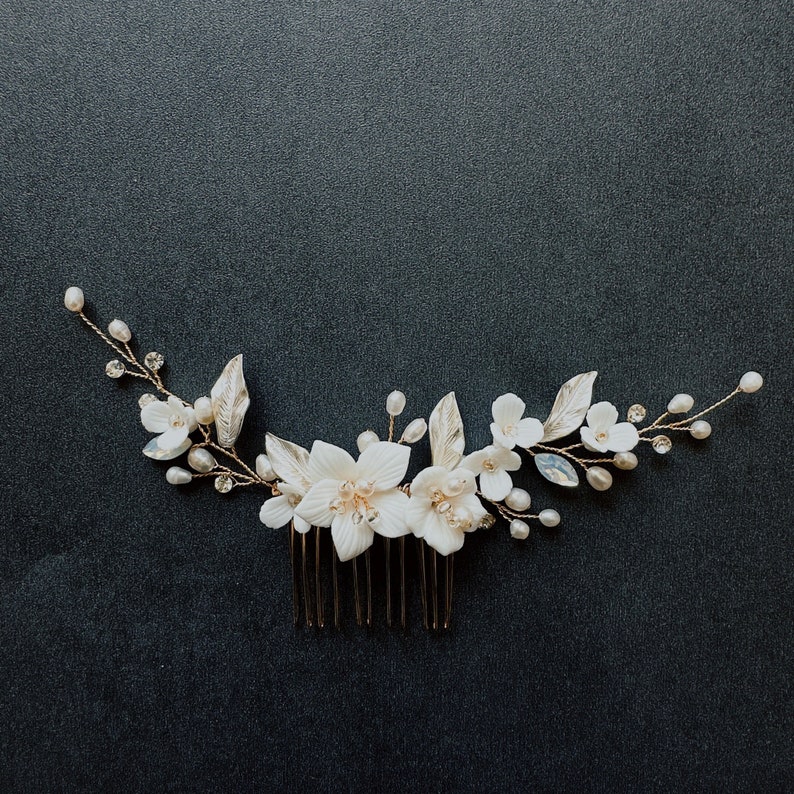 wedding hair accessory, rose gold bridal hair vine, flower hair comb for bride, silver pearl hair vine, ivory clay flower hairpiece