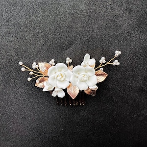 rose gold tone bridal hair comb,  ivory white clay flowers hair comb for wedding, champagne bridal hair accessory
