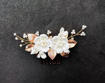 Bridal Hairpiece and Earrings, Rose Gold Bridal Hair Comb,  Ivory White Clay Flowers Hair Comb for Wedding, Champagne Bridal Hair Accessory