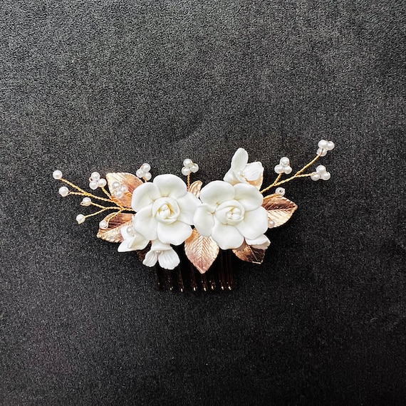 Bridal Hairpiece and Earrings, Rose Gold Bridal Hair Comb, Ivory White Clay Flowers Hair Comb for Wedding, Champagne Bridal Hair Accessory
