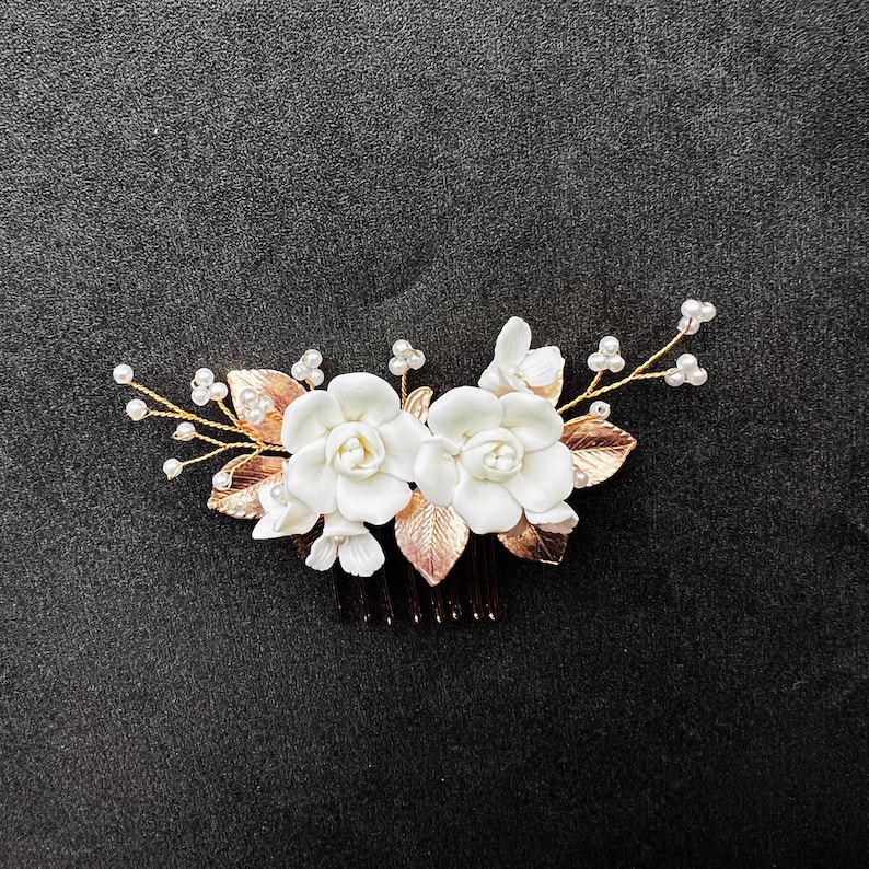rose gold tone bridal hair comb,  ivory white clay flowers hair comb for wedding, champagne bridal hair accessory