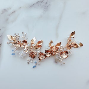 Gold Bridal Hair Vine: Floral Wedding Hairpiece with Blue Gems