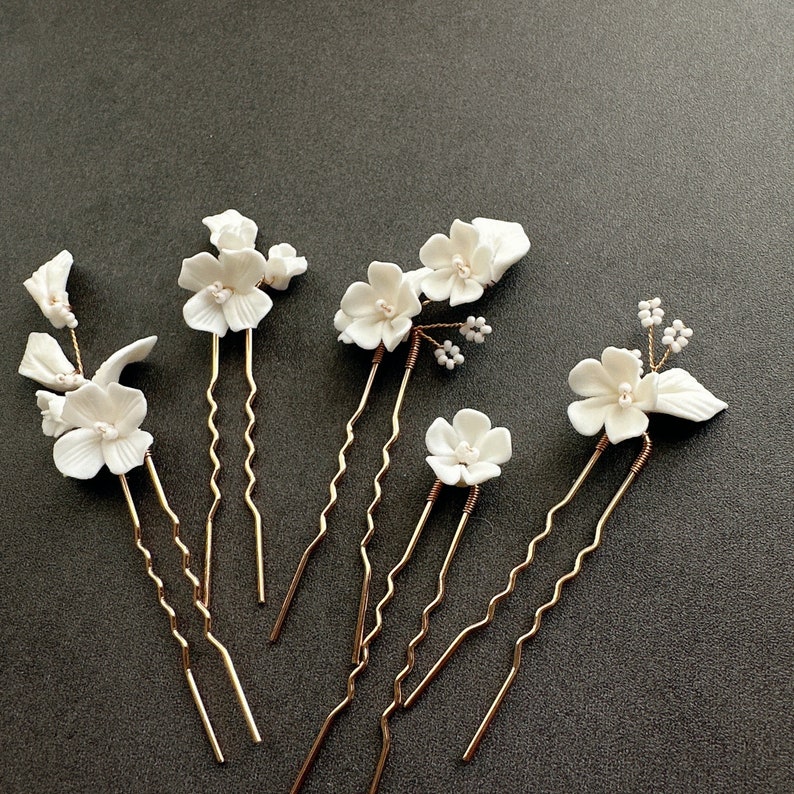 White Ceramic Floral Hair Pins Set, gold Clay Floret Hair Pins - gold Bridal Hair Pins, gold Hair Pins, Hairpins for Bridesmaid